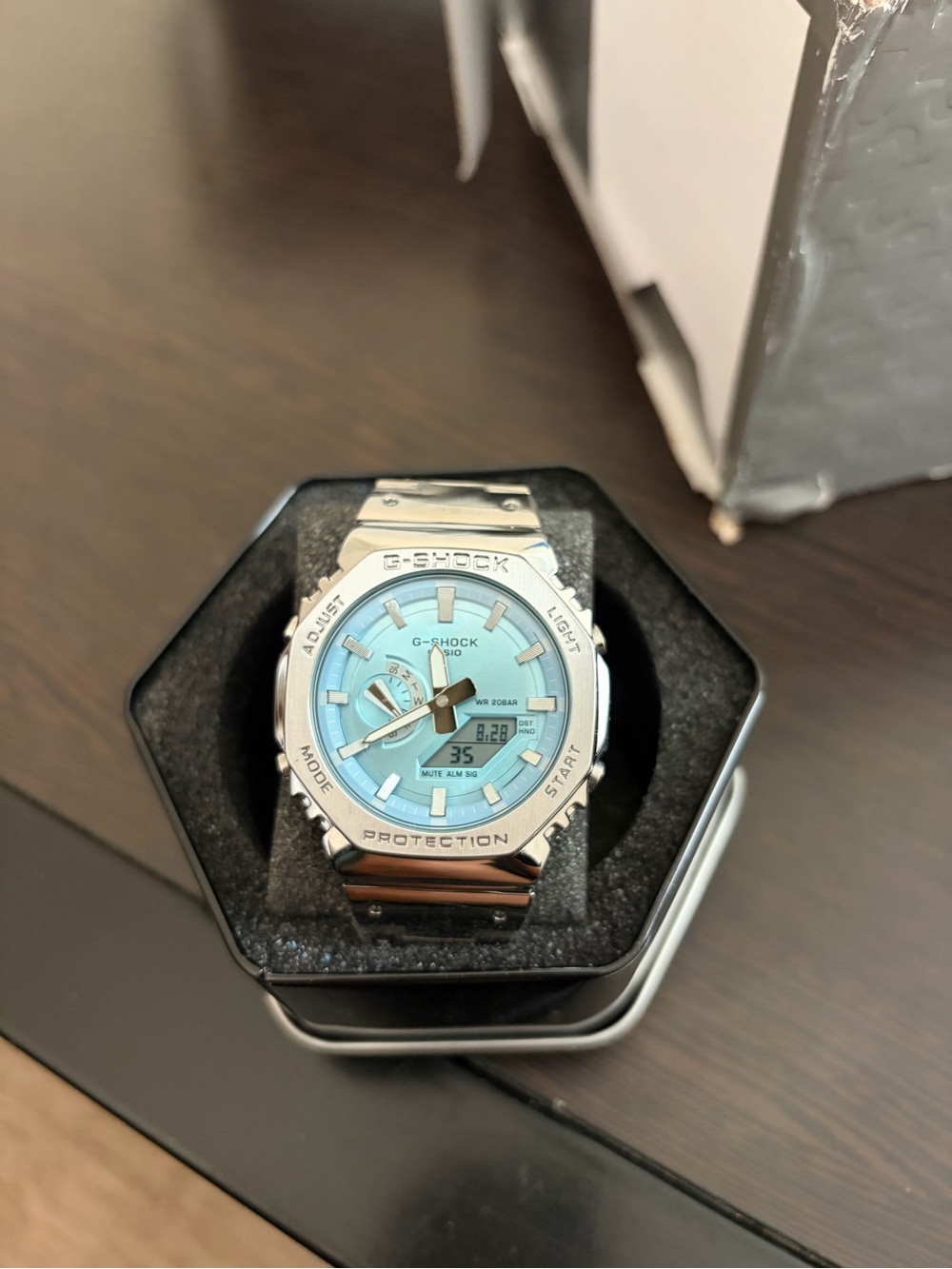 G-Shock Men's Silver Watch with Light Blue Dial